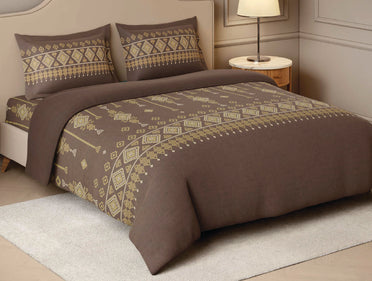 Spaces Jamdhani Dark Brown Ornate 100% Cotton 210 TC Large Bedsheet with 2 Pillow Covers - 108 x 108 Inches