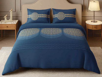 Spaces Sanjhi Dark Blue Ornate 100% Cotton Large Bedsheet with 2 Pillow Covers - 108 x 108 Inches