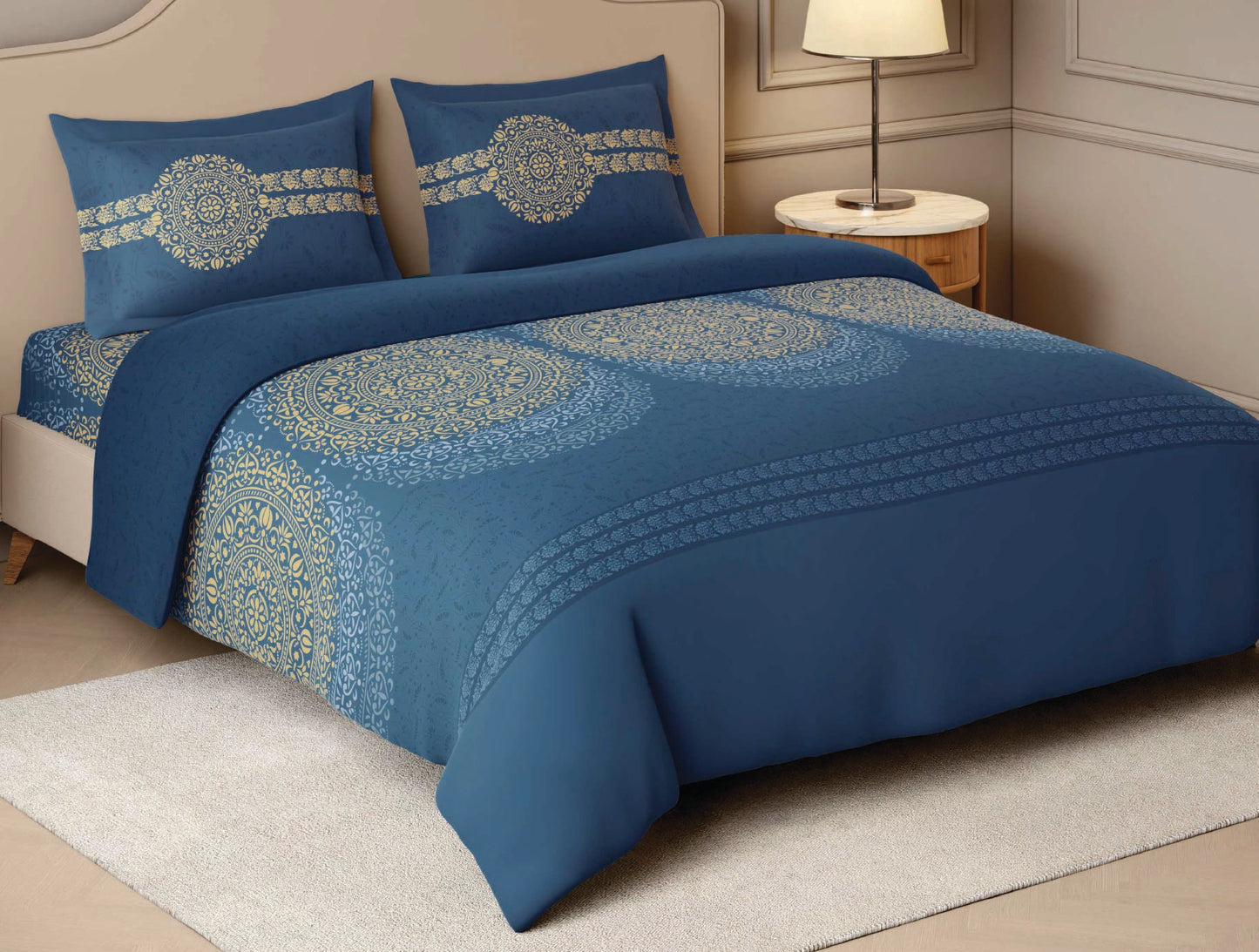 Spaces Sanjhi Dark Blue Ornate 100% Cotton Large Bedsheet with 2 Pillow Covers - 108 x 108 Inches
