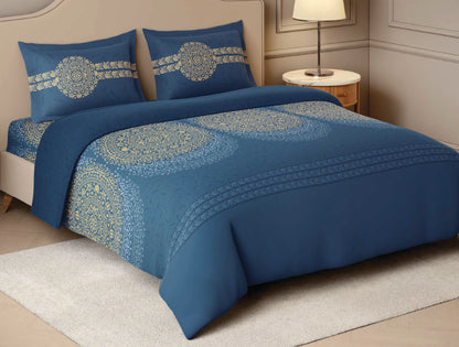 Spaces Sanjhi Dark Blue Ornate 100% Cotton Large Bedsheet with 2 Pillow Covers - 108 x 108 Inches