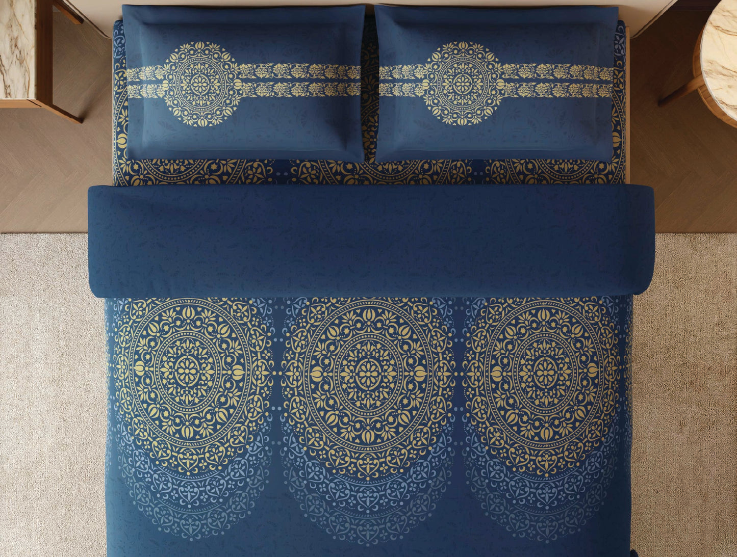Spaces Sanjhi Dark Blue Ornate 100% Cotton Large Bedsheet with 2 Pillow Covers - 108 x 108 Inches