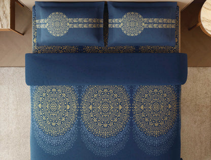 Spaces Sanjhi Dark Blue Ornate 100% Cotton Large Bedsheet with 2 Pillow Covers - 108 x 108 Inches