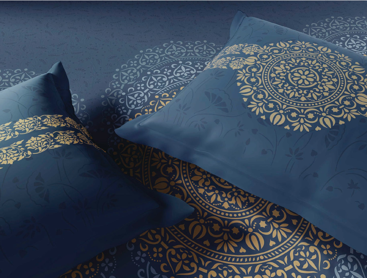 Spaces Sanjhi Dark Blue Ornate 100% Cotton Large Bedsheet with 2 Pillow Covers - 108 x 108 Inches