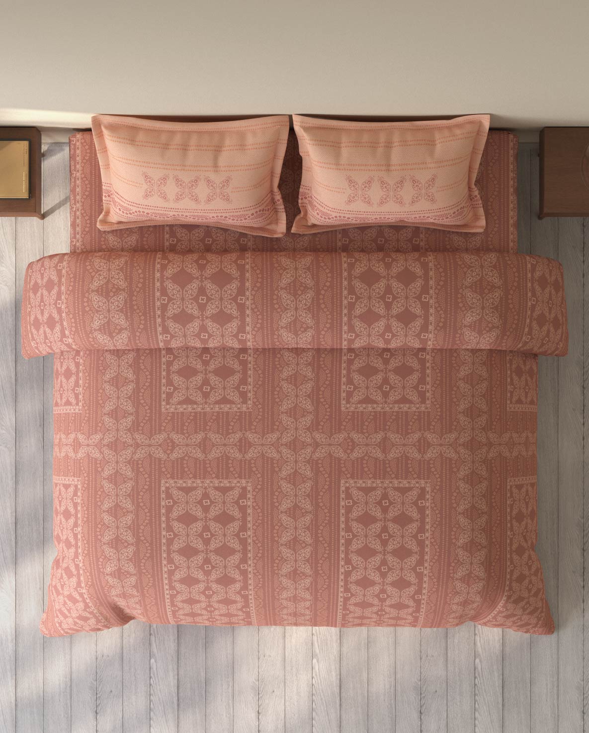 Spaces Rio Dark Blush Ornate 100% Cotton Double Bedsheet with 2 Pillow Covers - 90 x 108 Inches