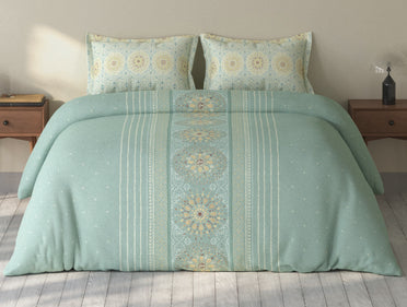 Spaces Rio Light Teal Ornate 100% Cotton Double Bedsheet with 2 Pillow Covers - 90 x 108 Inches