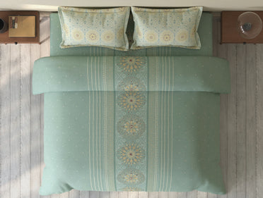 Spaces Rio Light Teal Ornate 100% Cotton Double Bedsheet with 2 Pillow Covers - 90 x 108 Inches