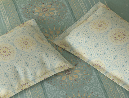 Spaces Rio Light Teal Ornate 100% Cotton Double Bedsheet with 2 Pillow Covers - 90 x 108 Inches
