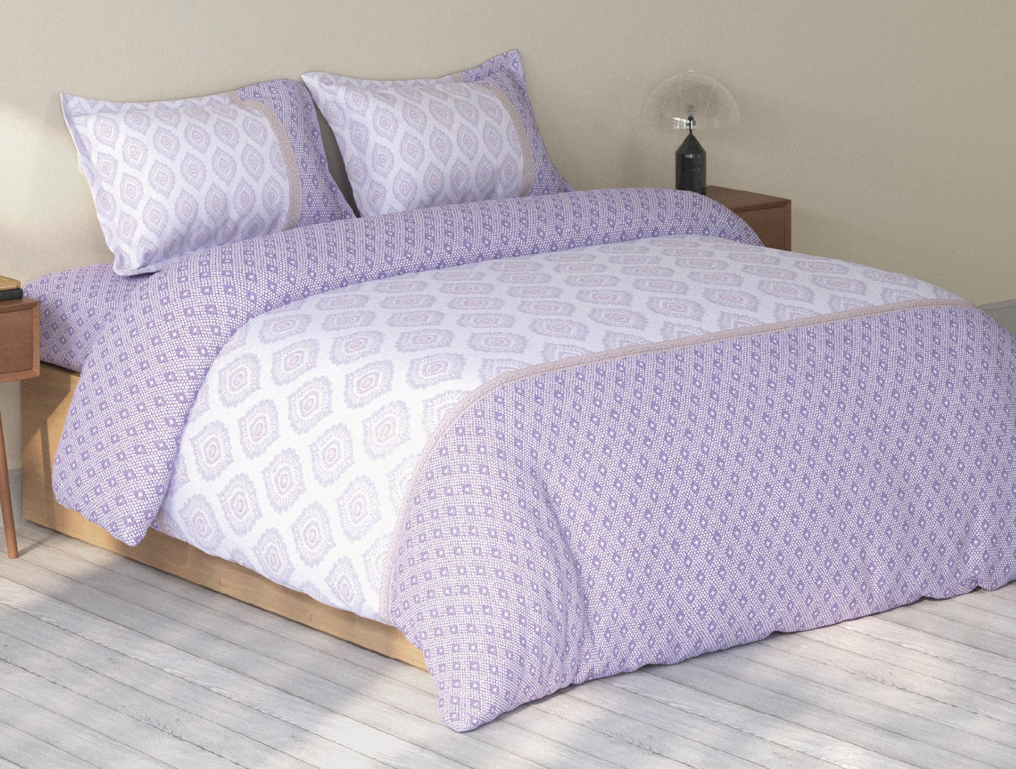 Spaces Rio Light Violet Ornate 100% Cotton Double Bedsheet with 2 Pillow Covers - 90 x 108 Inches