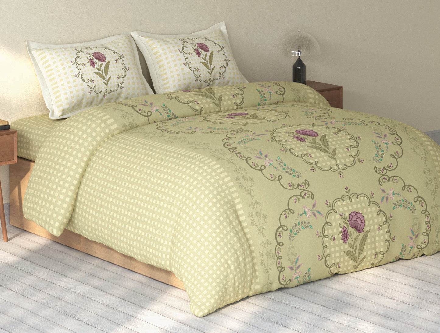 Spaces Rio Light Yellow Floral 100% Cotton Double Bedsheet with 2 Pillow Covers - 90 x 108 Inches