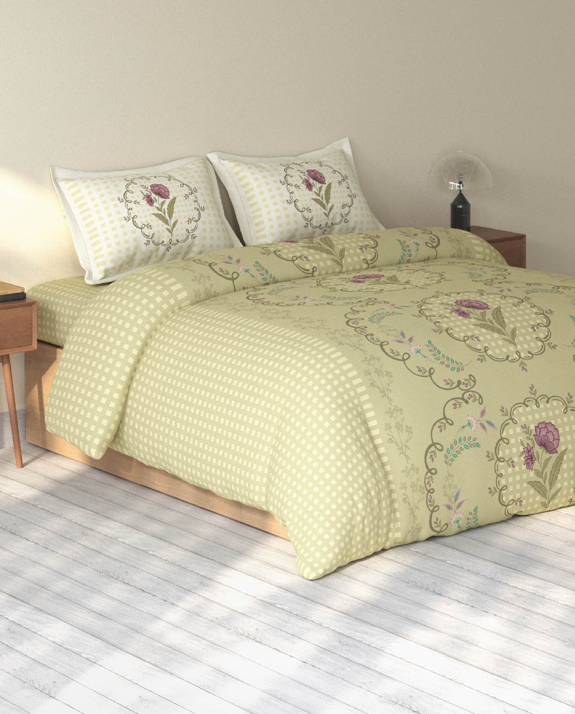 Spaces Rio Light Yellow Floral 100% Cotton Double Bedsheet with 2 Pillow Covers - 90 x 108 Inches