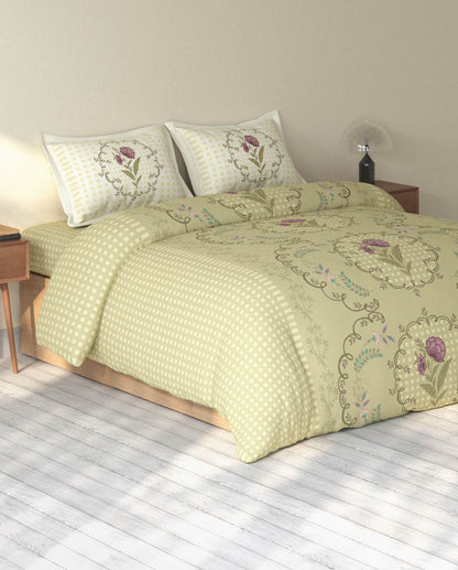 Spaces Rio Light Yellow Floral 100% Cotton Double Bedsheet with 2 Pillow Covers - 90 x 108 Inches