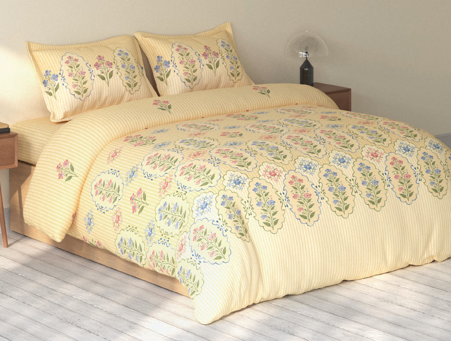 Spaces Rio Light Yellow Floral 100% Cotton Double Bedsheet with 2 Pillow Covers - 90 x 108 Inches