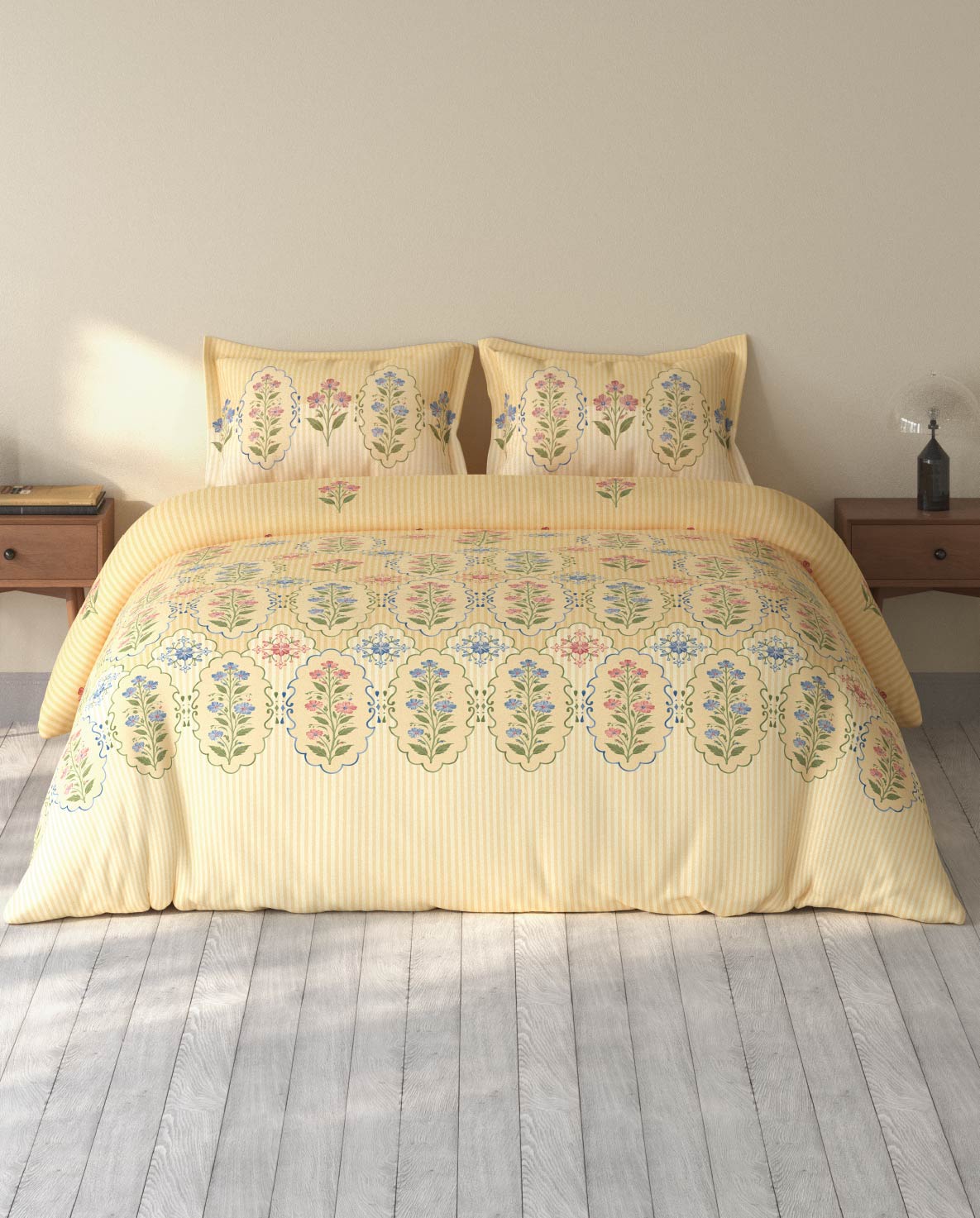 Spaces Rio Double Cream Floral 100% Cotton Double Bedsheet with 2 Pillow Covers - 90 x 108 Inches