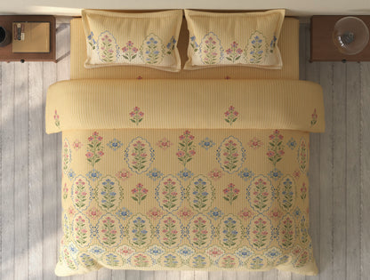 Spaces Rio Light Yellow Floral 100% Cotton Double Bedsheet with 2 Pillow Covers - 90 x 108 Inches