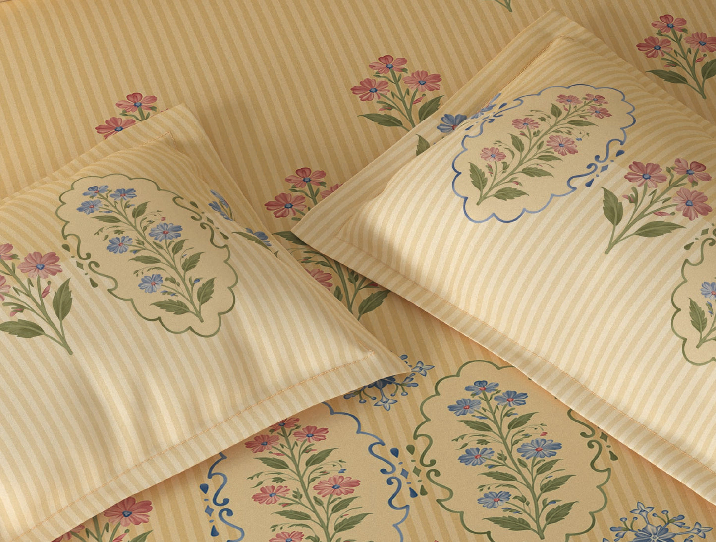 Spaces Rio Light Yellow Floral 100% Cotton Double Bedsheet with 2 Pillow Covers - 90 x 108 Inches
