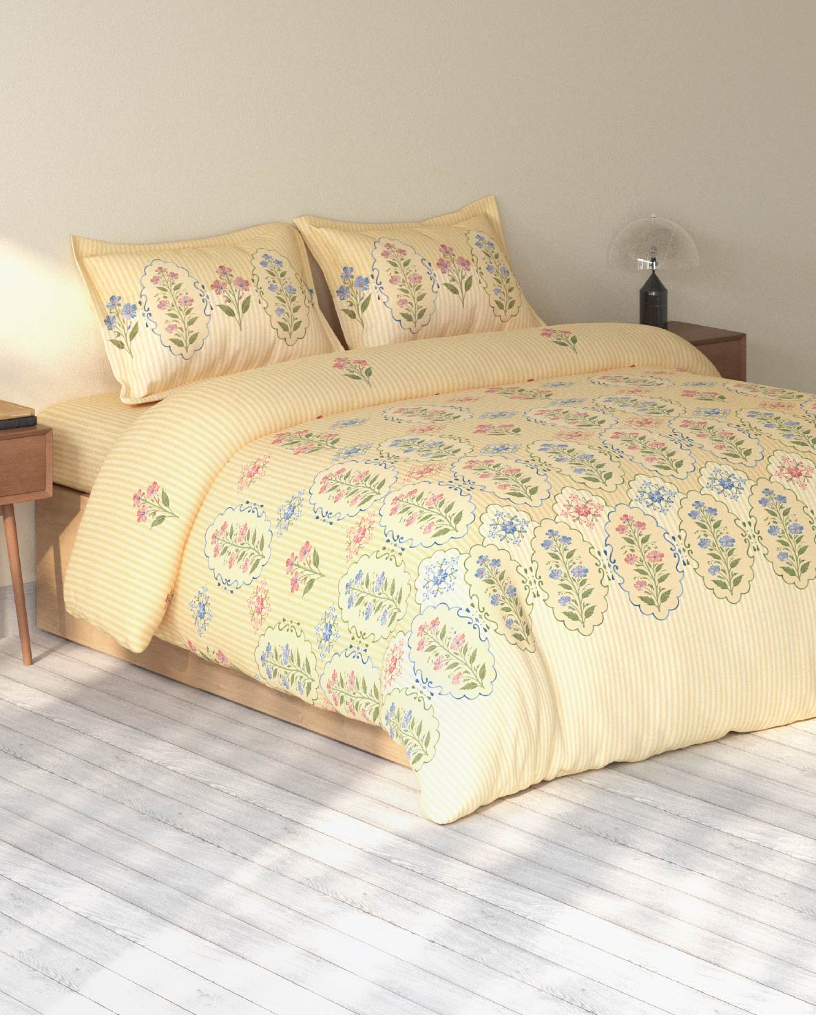 Spaces Rio Double Cream Floral 100% Cotton Double Bedsheet with 2 Pillow Covers - 90 x 108 Inches
