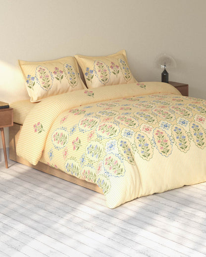 Spaces Rio Double Cream Floral 100% Cotton Double Bedsheet with 2 Pillow Covers - 90 x 108 Inches