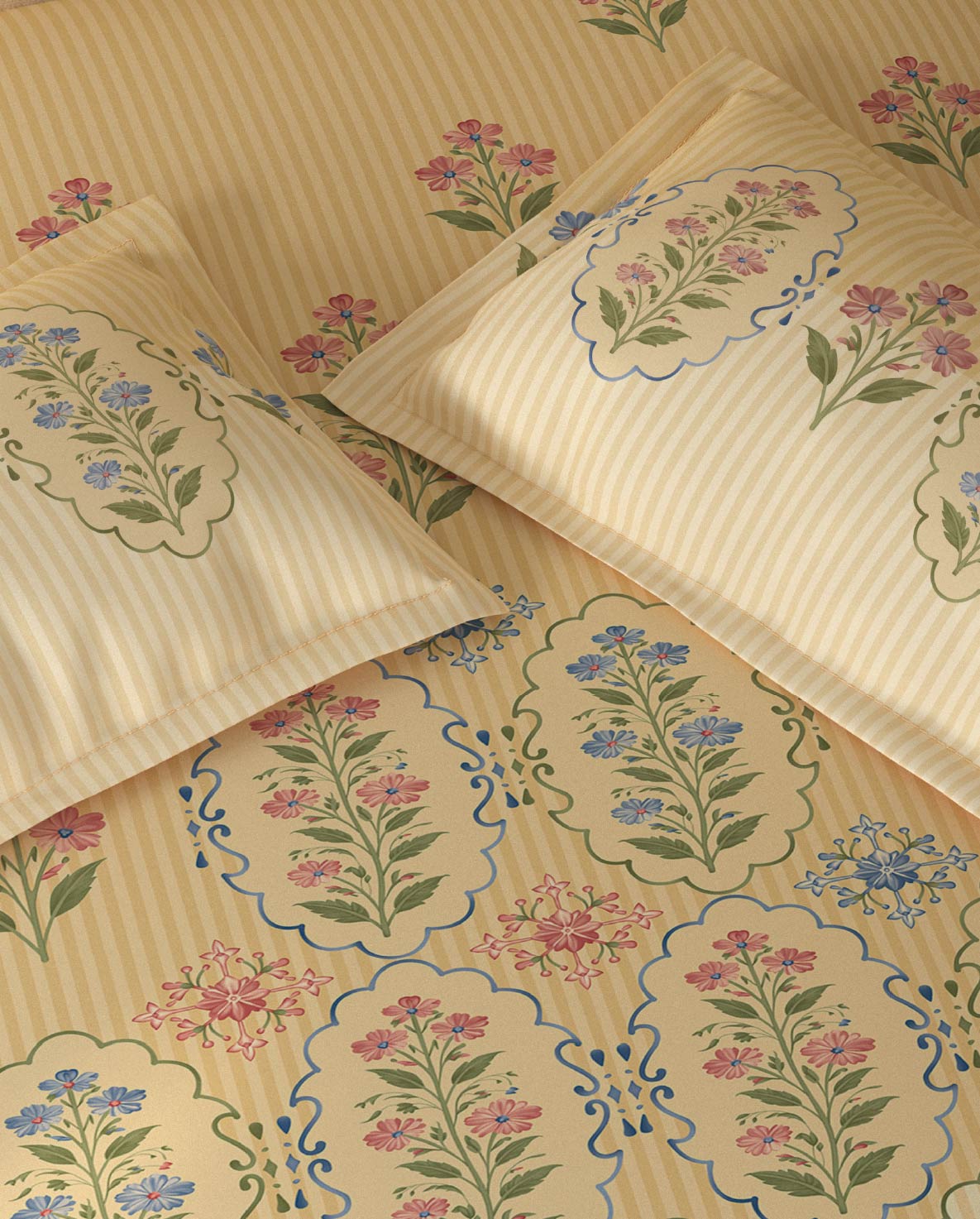 Spaces Rio Double Cream Floral 100% Cotton Double Bedsheet with 2 Pillow Covers - 90 x 108 Inches