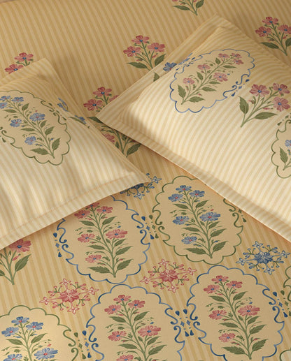 Spaces Rio Double Cream Floral 100% Cotton Double Bedsheet with 2 Pillow Covers - 90 x 108 Inches