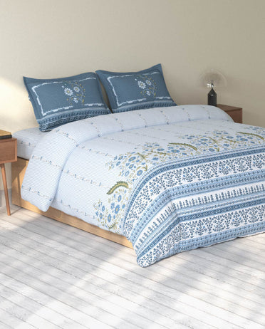 Spaces Rio Light Blue Floral 100% Cotton Double Bedsheet with 2 Pillow Covers - 90 x 108 Inches