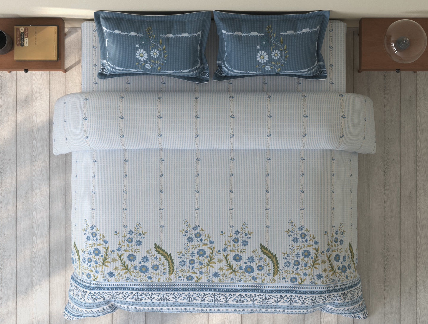 Spaces Rio Light Blue Floral 100% Cotton Double Bedsheet with 2 Pillow Covers - 90 x 108 Inches