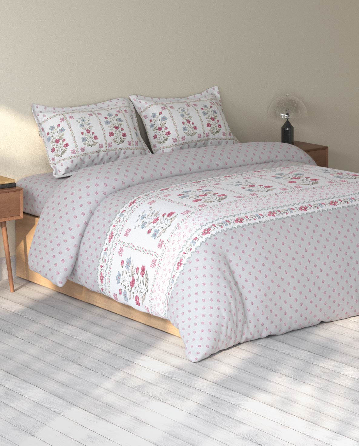 Spaces Rio Grey Floral 100% Cotton Double Bedsheet with 2 Pillow Covers - 90 x 108 Inches