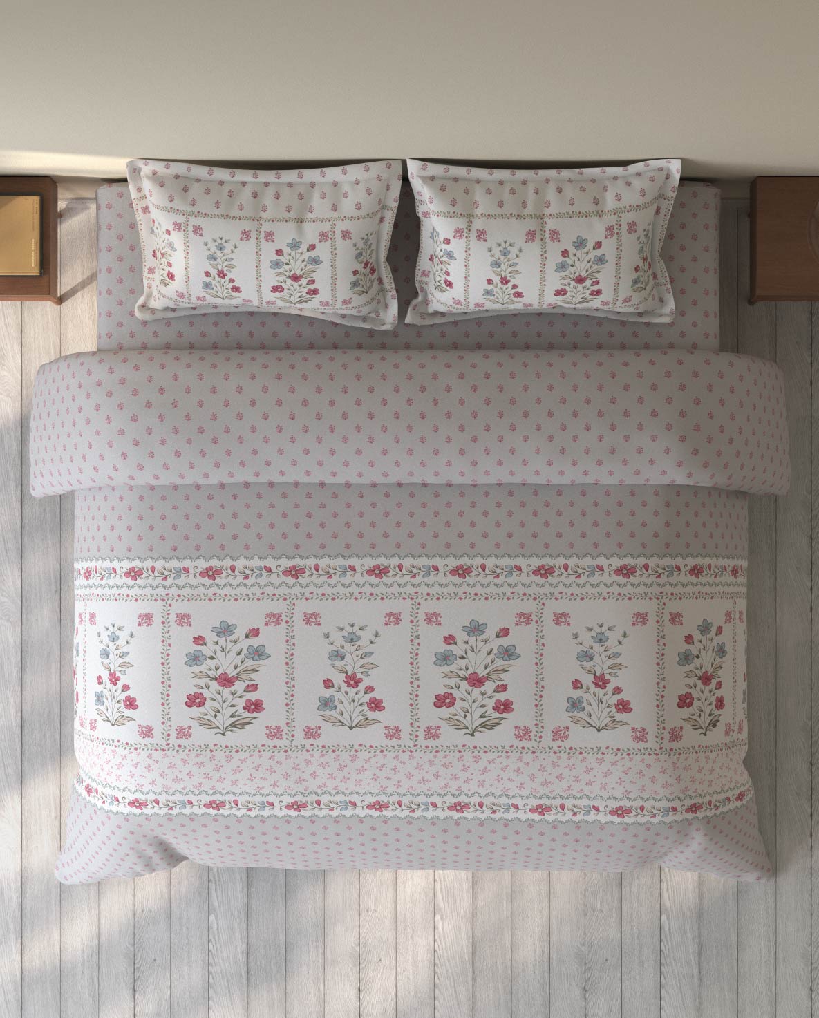 Spaces Rio Grey Floral 100% Cotton Double Bedsheet with 2 Pillow Covers - 90 x 108 Inches
