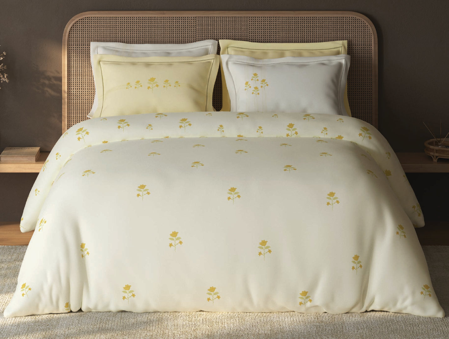 Spaces Sierra Light Yellow Floral 100% Hygro Cotton Large Bedsheet with 4 Pillow Covers - 108 x 108 Inches