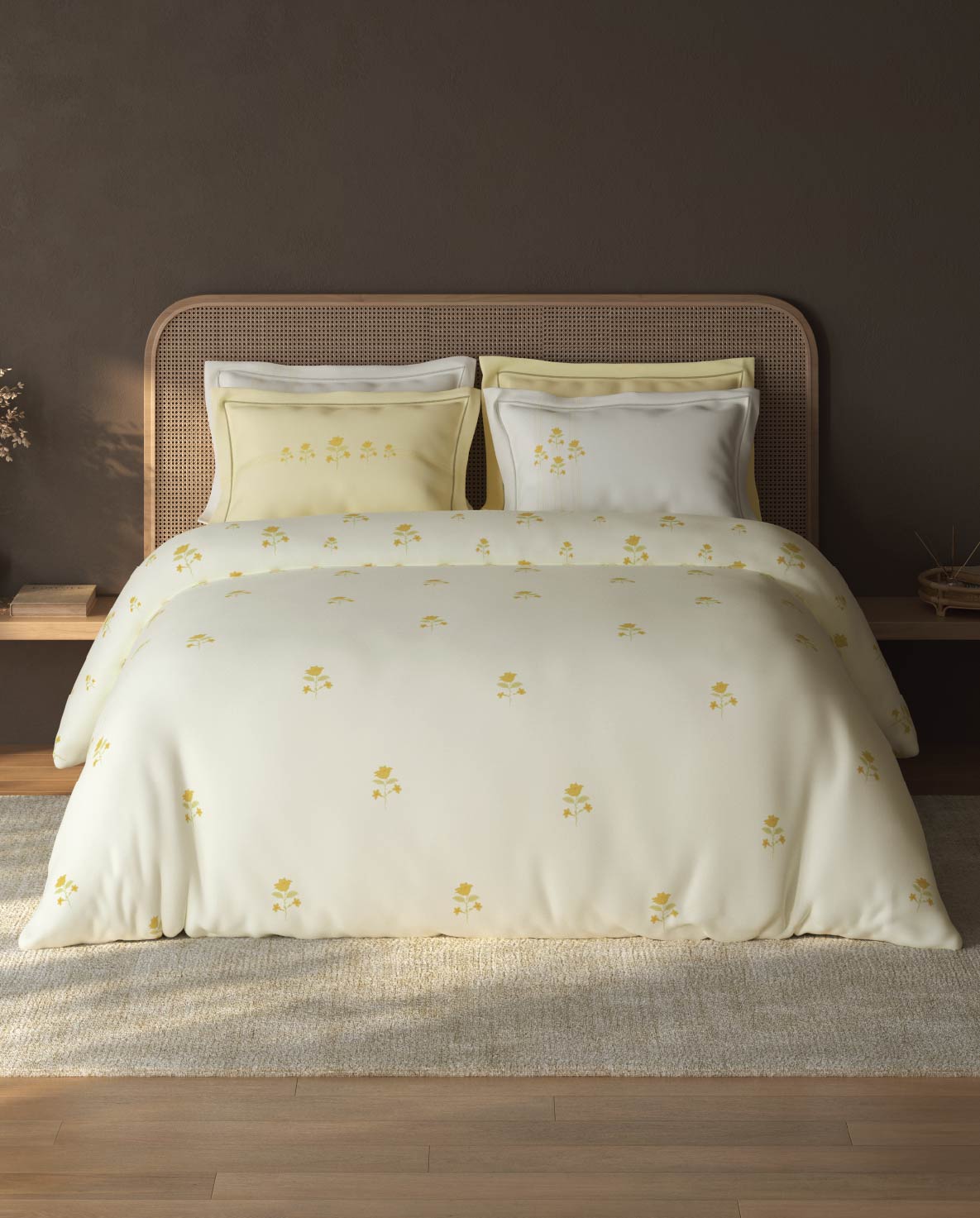 Spaces Sierra Light Yellow Floral 100% Hygro Cotton 210 TC Large Bedsheet with 4 Pillow Covers - 108 x 108 Inches