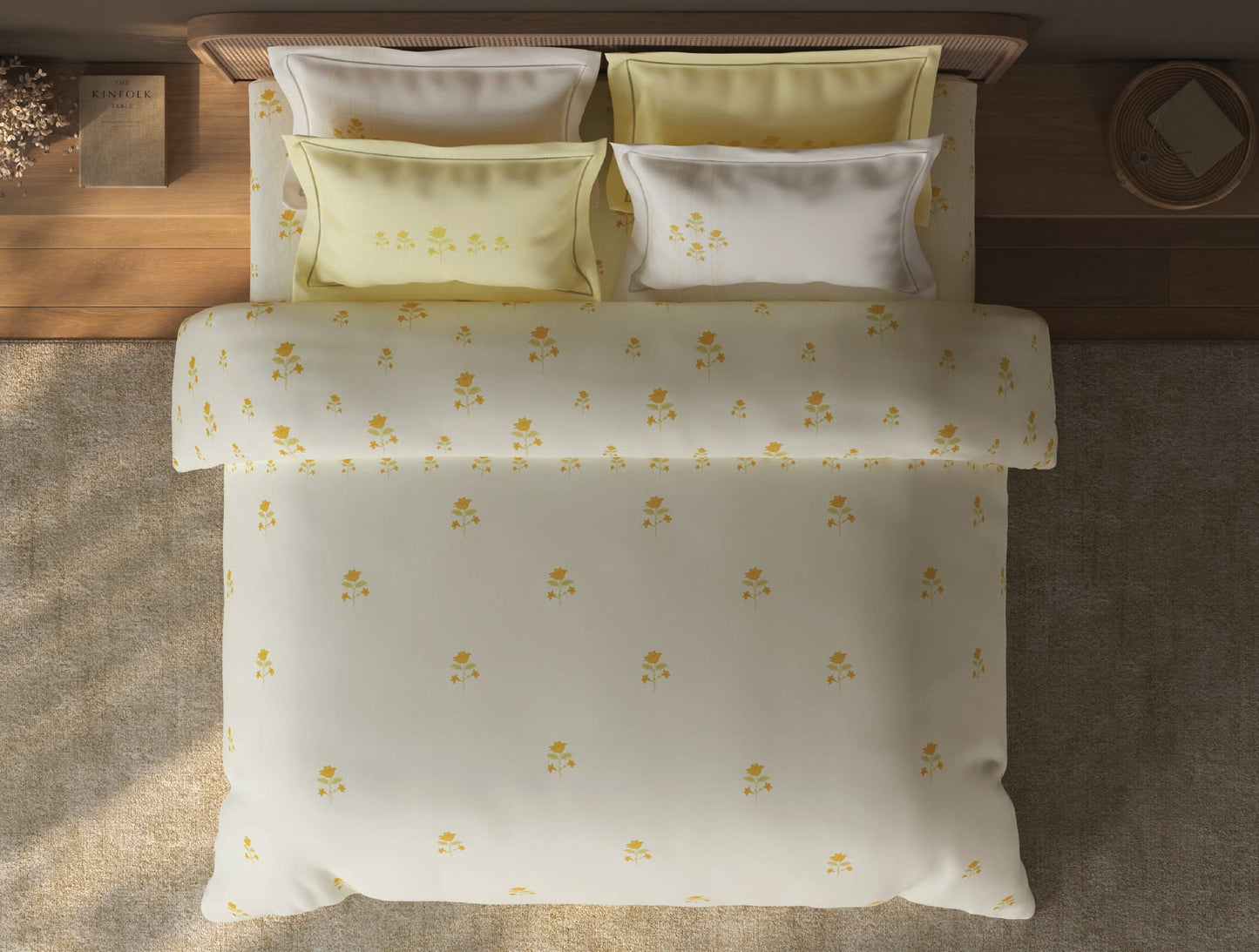 Spaces Sierra Light Yellow Floral 100% Hygro Cotton Large Bedsheet with 4 Pillow Covers - 108 x 108 Inches
