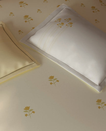 Spaces Sierra Light Yellow Floral 100% Hygro Cotton 210 TC Large Bedsheet with 4 Pillow Covers - 108 x 108 Inches