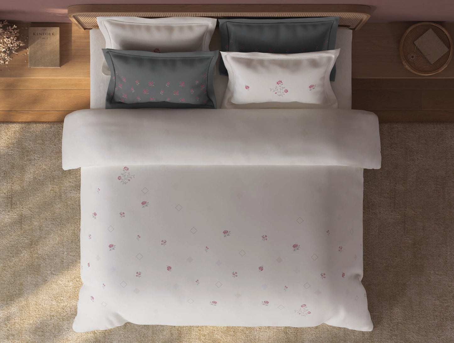 Spaces Sierra 100% Hygro Cotton 210 TC Cream Floral Large Bedsheet with 4 Pillow Covers - 108 x 108 Inches