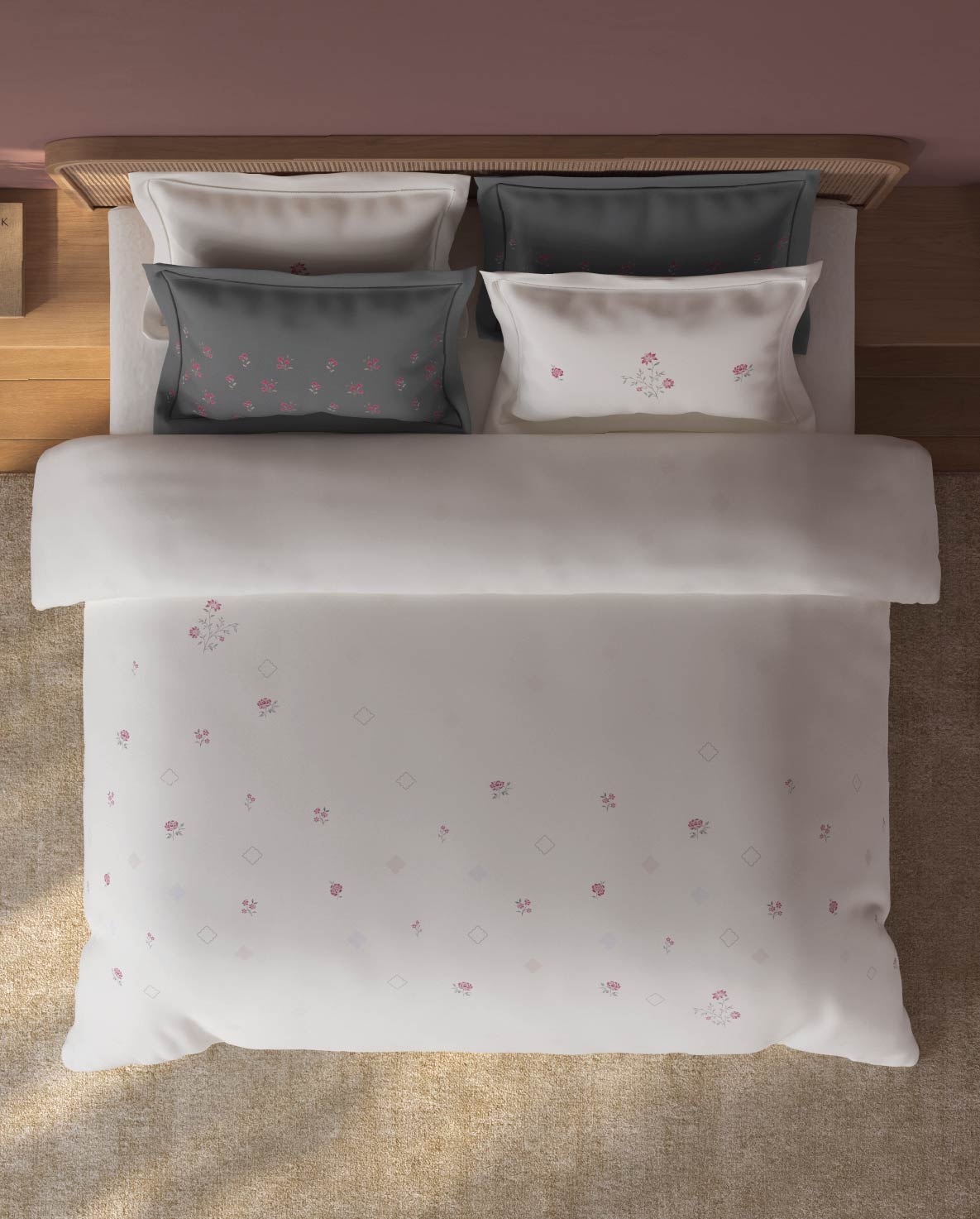 Spaces Sierra 100% Hygro Cotton 210 TC Cream Floral Large Bedsheet with 4 Pillow Covers - 108 x 108 Inches
