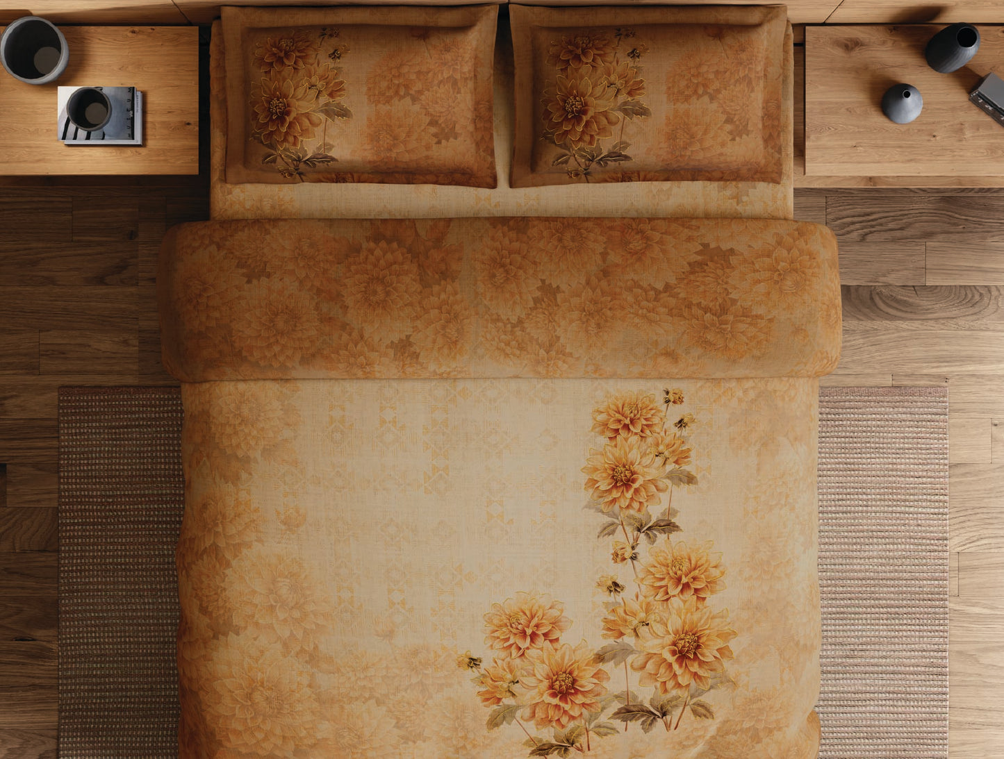 Spaces Avaris Dark Orange Floral 100% Cotton 210 TC Double Bedsheet with 2 Pillow Covers - 108 x 108 Inches