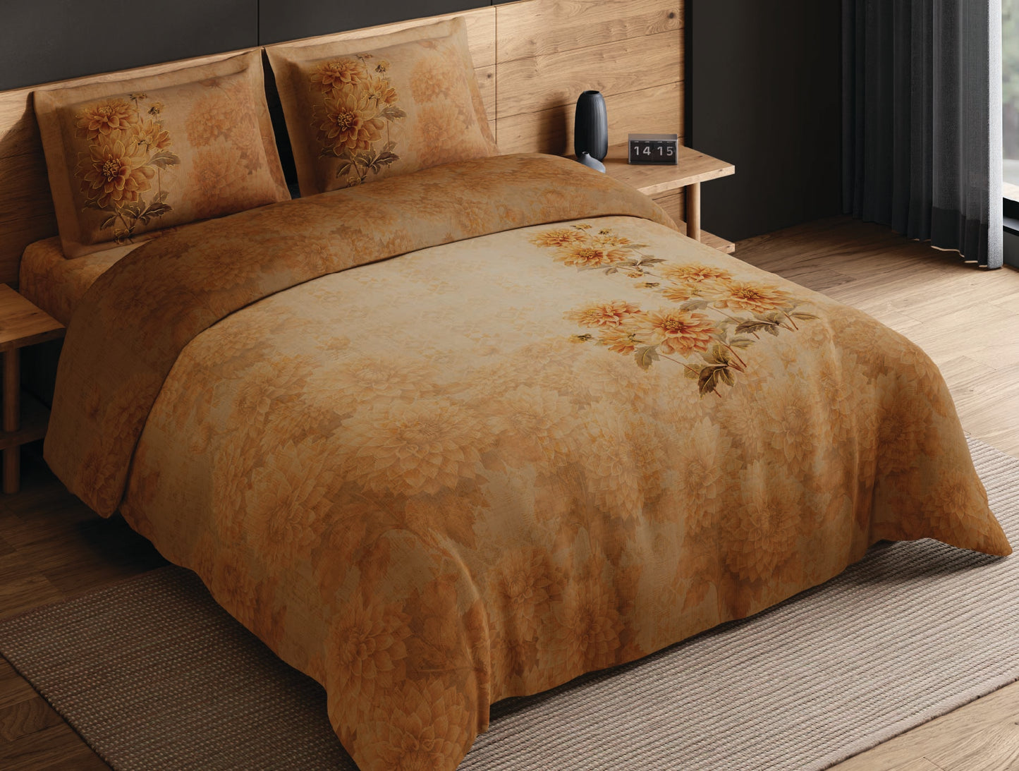 Spaces Avaris Dark Orange Floral 100% Cotton 210 TC Double Bedsheet with 2 Pillow Covers - 108 x 108 Inches