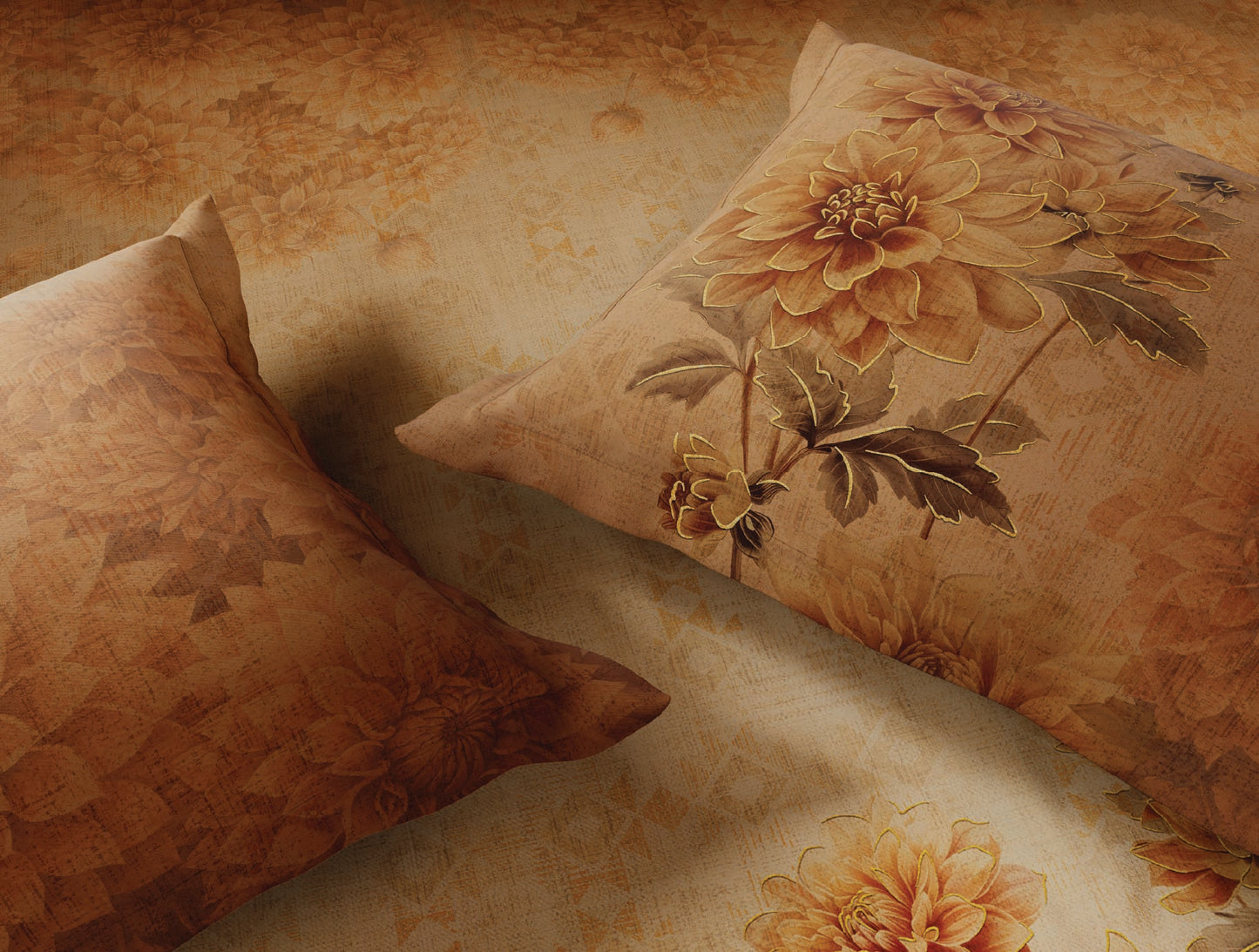 Spaces Avaris Dark Orange Floral 100% Cotton 210 TC Double Bedsheet with 2 Pillow Covers - 108 x 108 Inches
