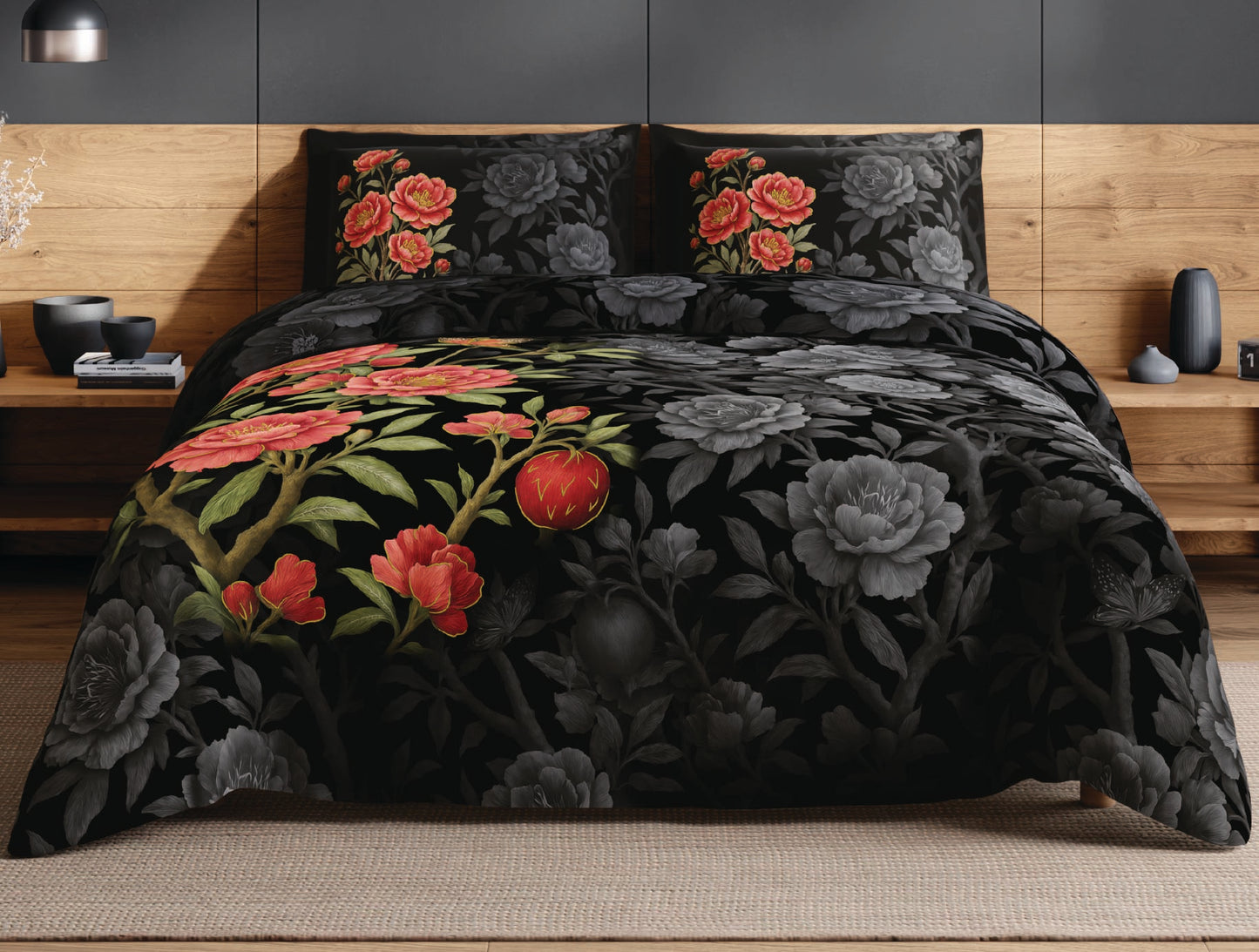 Spaces Avaris Black Floral 100% Cotton 210 TC Double Bedsheet with 2 Pillow Covers - 108 x 108 Inches