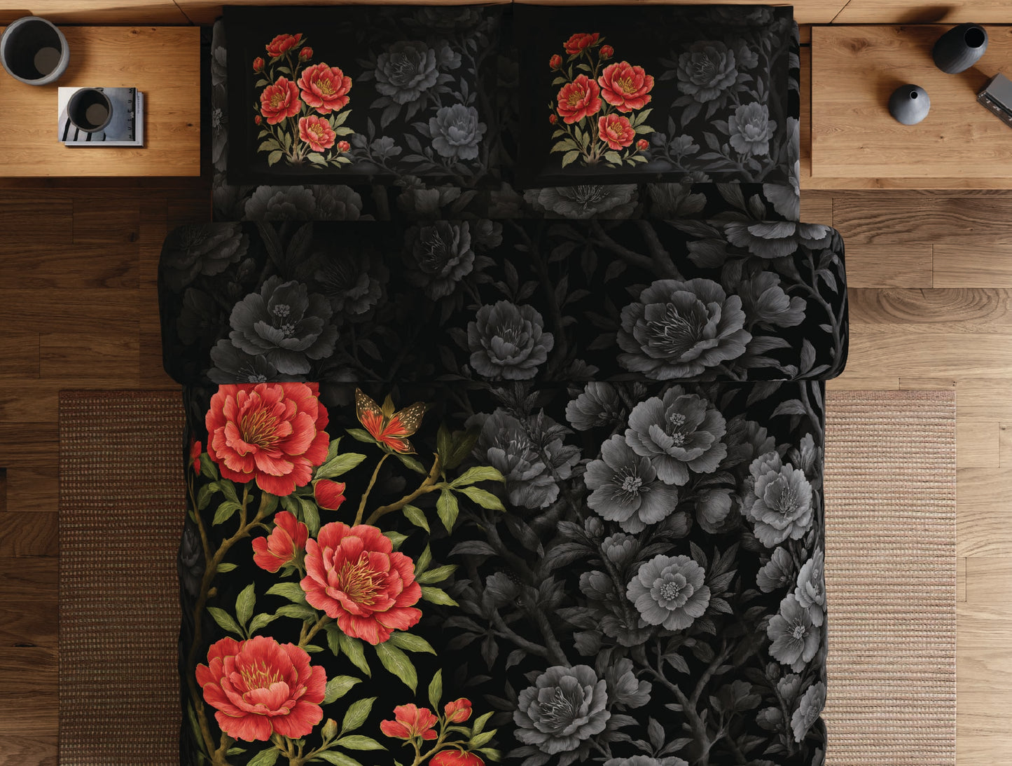 Spaces Avaris Black Floral 100% Cotton 210 TC Double Bedsheet with 2 Pillow Covers - 108 x 108 Inches