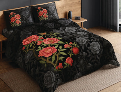 Spaces Avaris Black Floral 100% Cotton 210 TC Double Bedsheet with 2 Pillow Covers - 108 x 108 Inches
