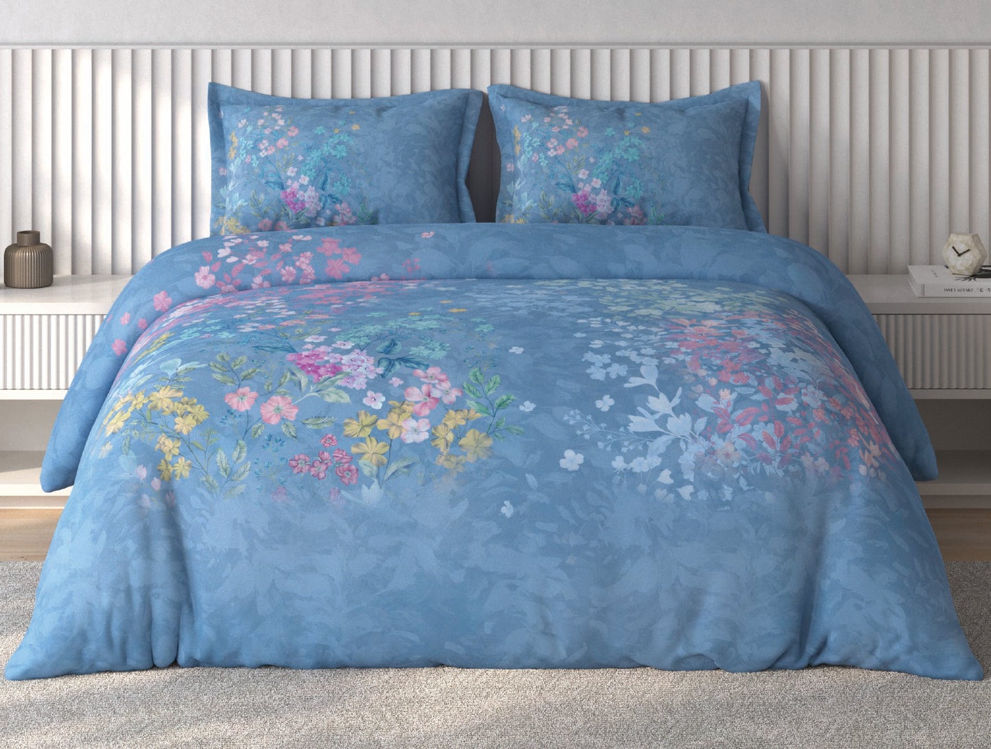 Spaces Vortex Light BLue Floral 100% Cotton Crafted Comfort Large Bedsheet with 2 Pillow Covers - 108 x 108 Inches