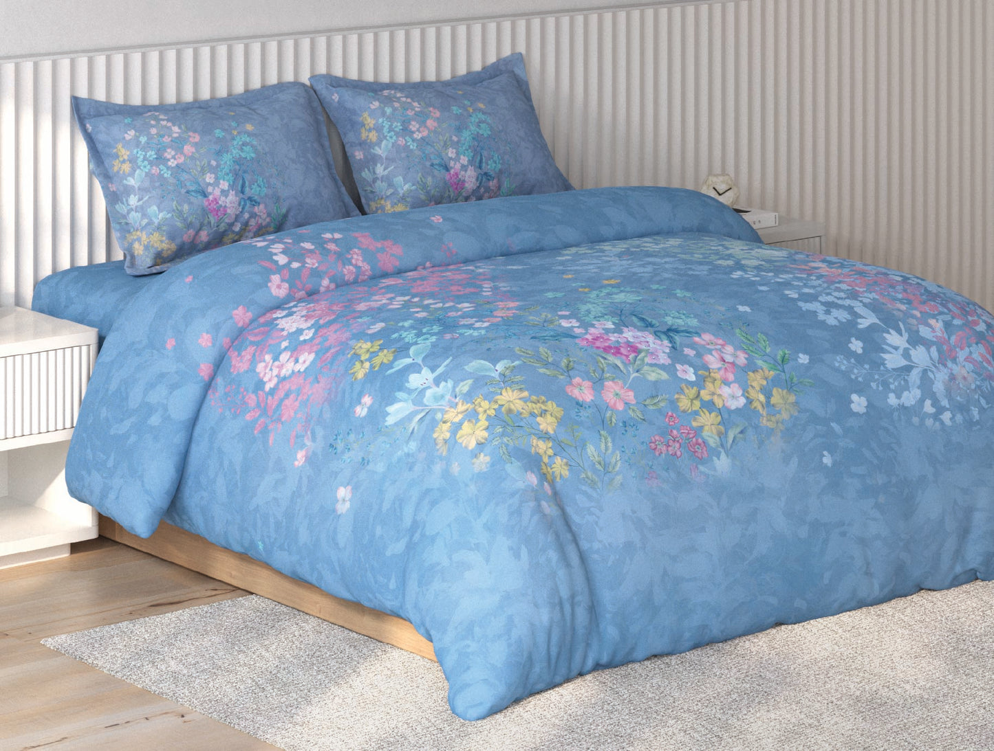 Spaces Vortex Light BLue Floral 100% Cotton Crafted Comfort Large Bedsheet with 2 Pillow Covers - 108 x 108 Inches