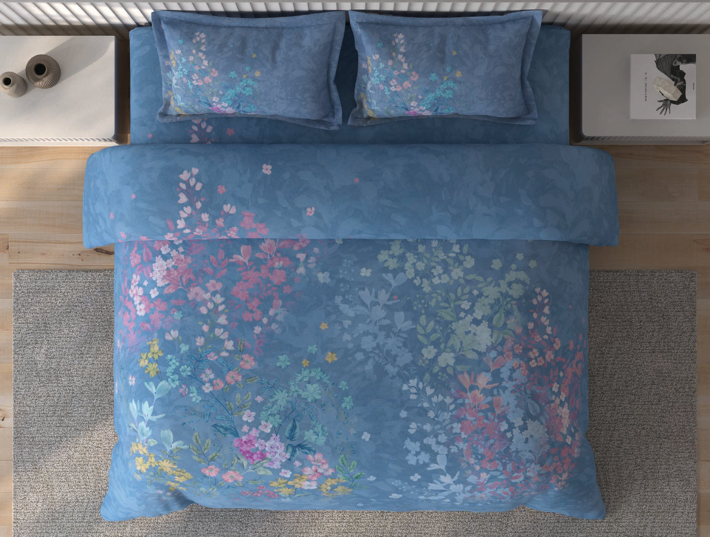 Spaces Vortex Light BLue Floral 100% Cotton Crafted Comfort Large Bedsheet with 2 Pillow Covers - 108 x 108 Inches