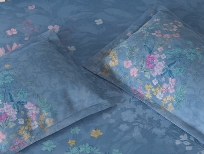 Spaces Vortex Light BLue Floral 100% Cotton Crafted Comfort Large Bedsheet with 2 Pillow Covers - 108 x 108 Inches