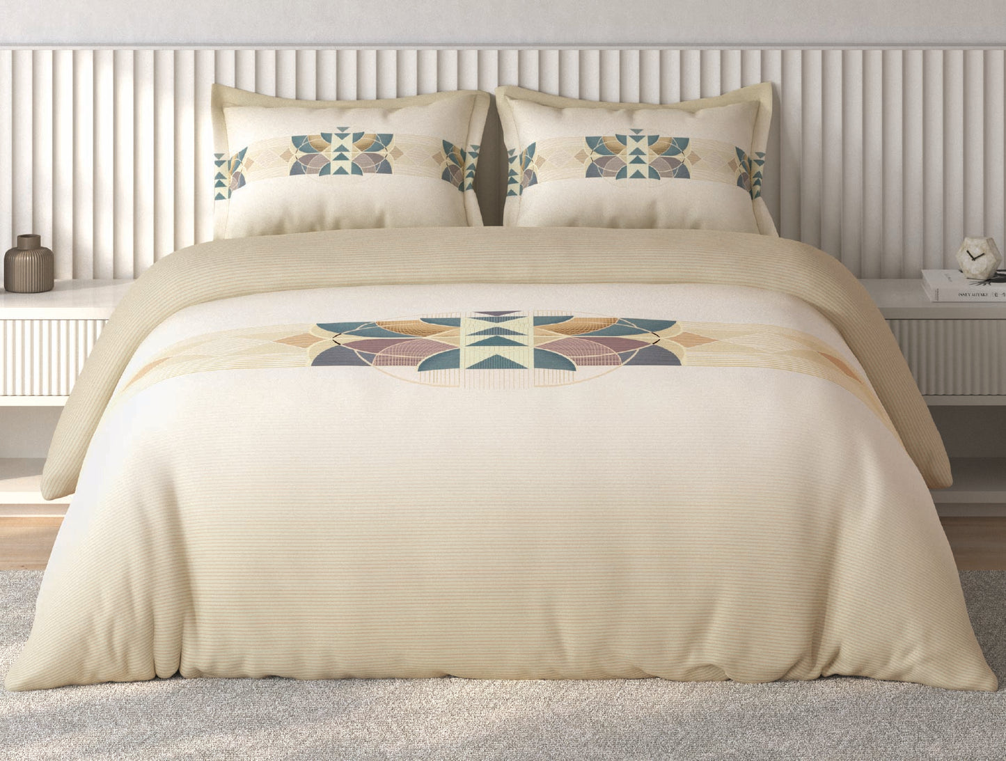 Spaces Vortex Beige Geometric 100% Cotton Crafted Comfort Large Bedsheet with 2 Pillow Covers - 108 x 108 Inches