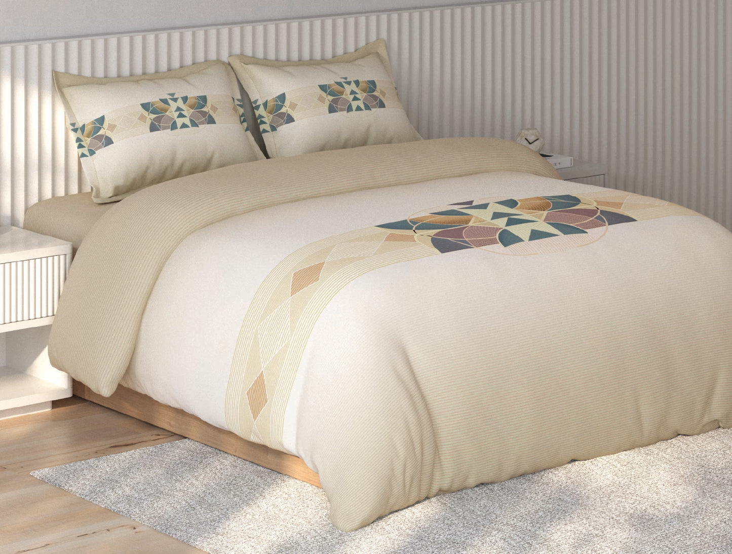 Spaces Vortex Beige Geometric 100% Cotton Crafted Comfort Large Bedsheet with 2 Pillow Covers - 108 x 108 Inches
