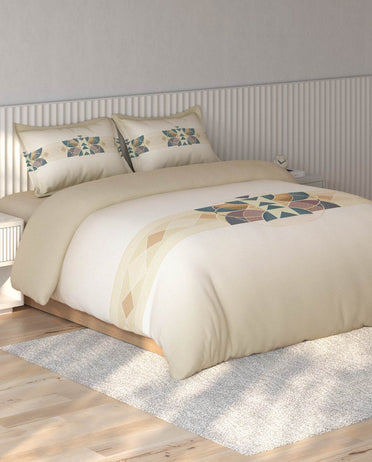 Spaces Vortex Beige Geometric 100% Cotton Crafted Comfort Large Bedsheet with 2 Pillow Covers - 108 x 108 Inches