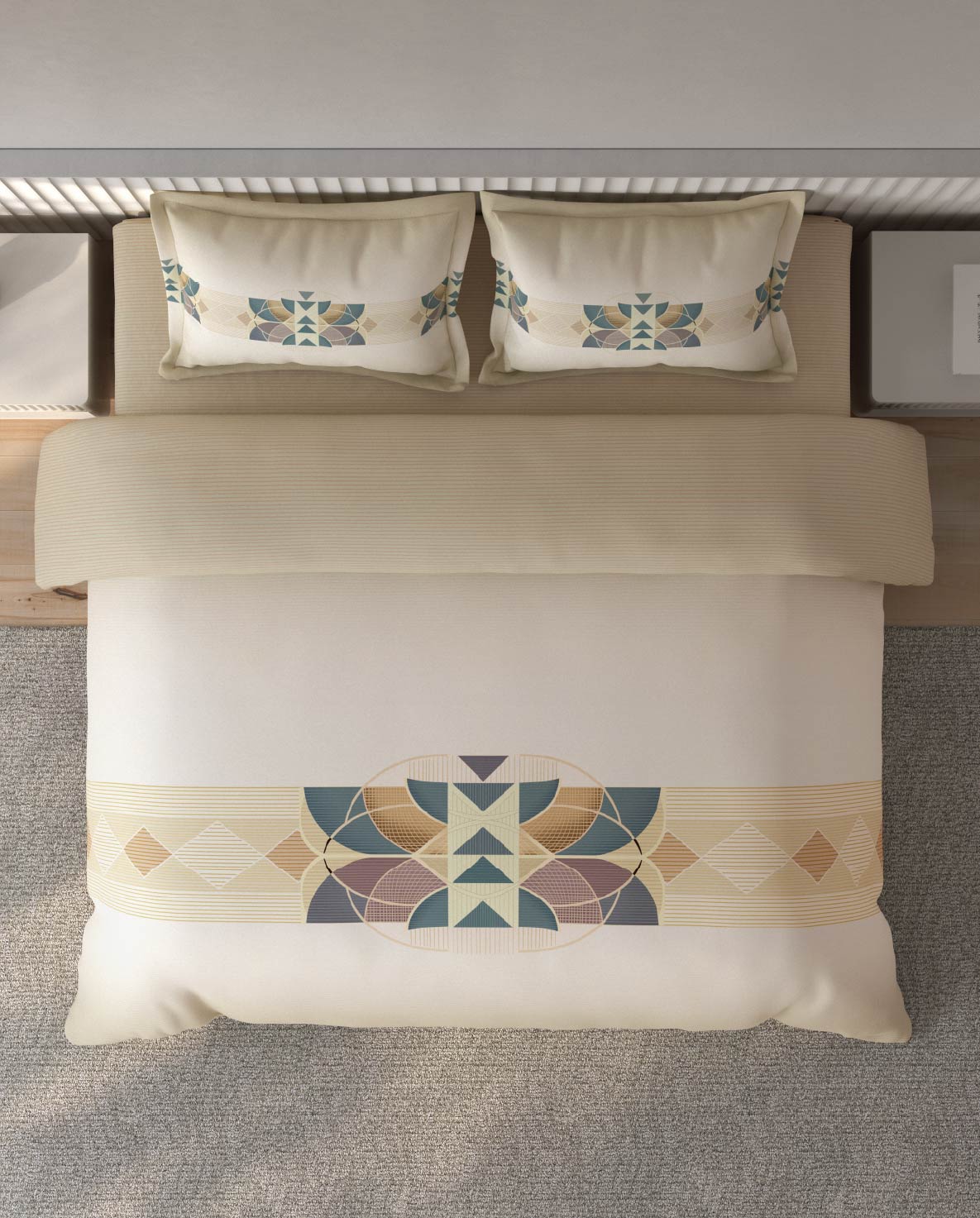 Spaces Vortex Beige Geometric 100% Cotton Crafted Comfort Large Bedsheet with 2 Pillow Covers - 108 x 108 Inches