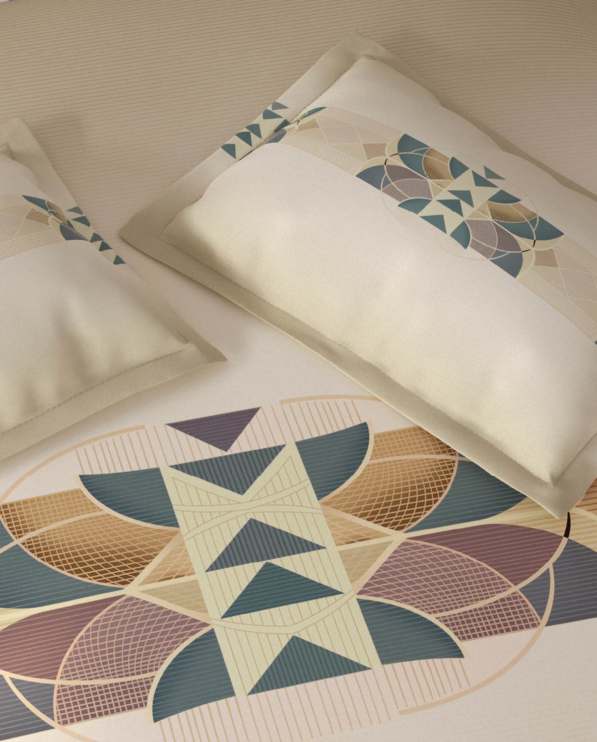 Spaces Vortex Beige Geometric 100% Cotton Crafted Comfort Large Bedsheet with 2 Pillow Covers - 108 x 108 Inches