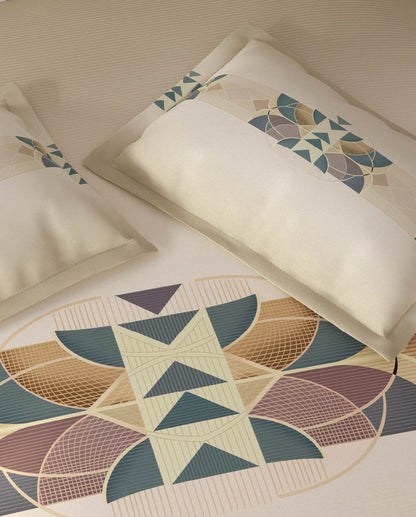 Spaces Vortex Beige Geometric 100% Cotton Crafted Comfort Large Bedsheet with 2 Pillow Covers - 108 x 108 Inches