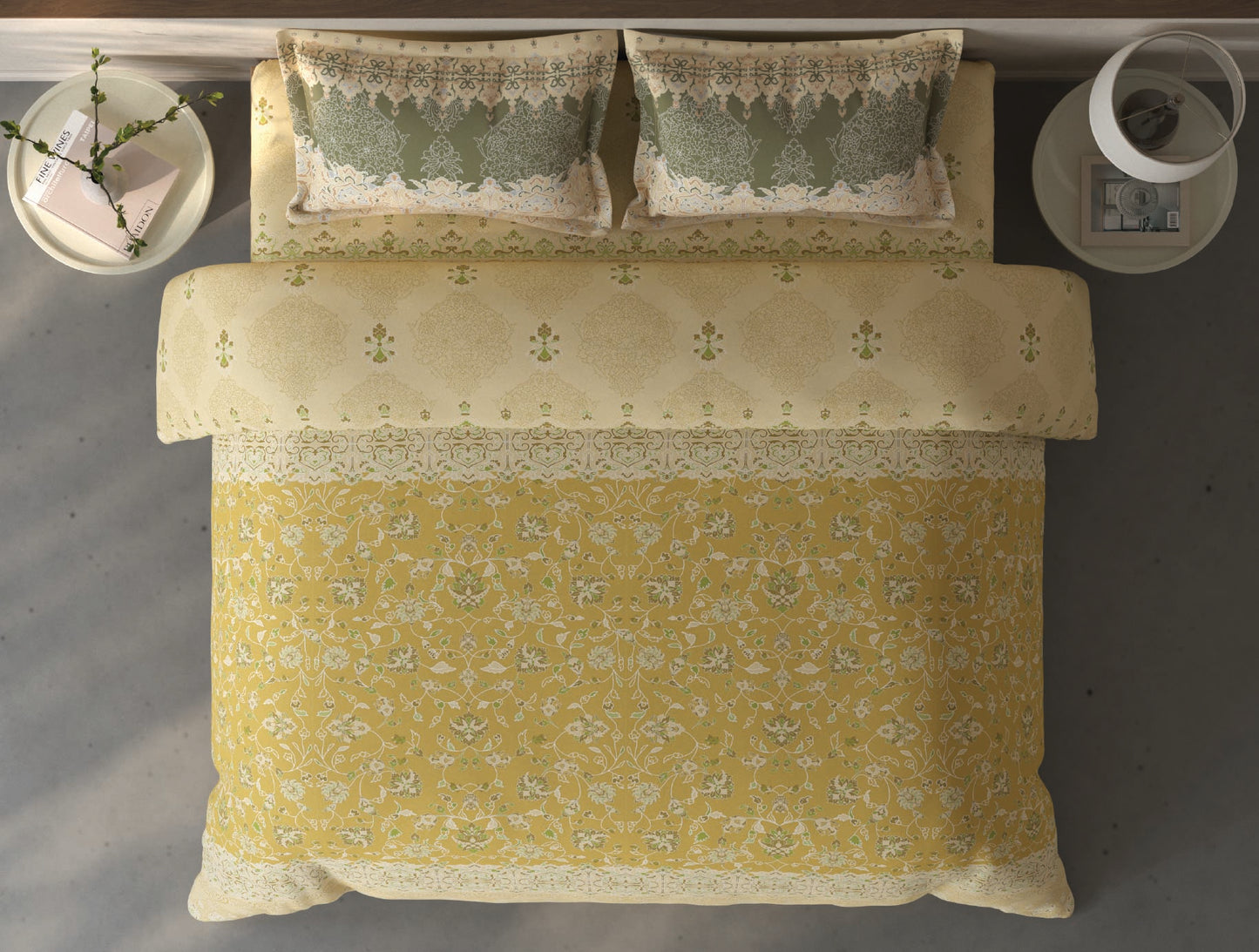 Spaces Fiora Light Yellow Ornate 100% Cotton Large Bedsheet with 2 Pillow Covers - 108 x 108 Inches